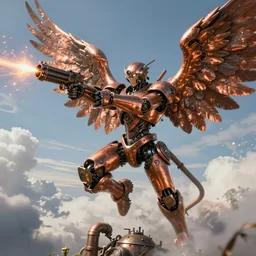 a steampunk robotic angel with gun arms shooting, intense, extremely detailed, anime, sparks, clouds, sky, beautiful, sunny, copper, pipes, rusty, metal, cinematic lighting, sharp focus, copper wings,