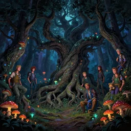 gnarled trees with twisted roots and bioluminescent mushrooms in a forest at night, highly detailed, magic fantasy, digital art, vibrant colors, keyframe illustration, trending on artstation, andreas rocha, sylvain sarrailh, darek zabrocki, finnian macmanus, dylan cole, liang mark, albert bierstadt, sung choi, peter mohrbacher, greg rutkowski
