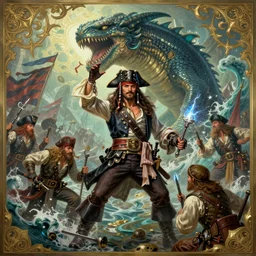 pirate captain robin williams in an epic battle with a sea monster, pirate fleet, fantasy, d & d, intricate, elegant, highly detailed, digital painting, artstation, concept art, matte, sharp focus, illustration, art by john collier and albert aublet and krenz cushart and artem demura and alphonse mucha