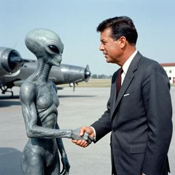 vintage photo of jfk shaking hands with a grey alien at Area 51, 35mm photo