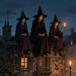 3 Witches on top of the house, a candle in the street Illustration, Cinematic, Marquee, by Camille Corot, trending on artstation, artstationHD, artstationHQ, 4k, 8k