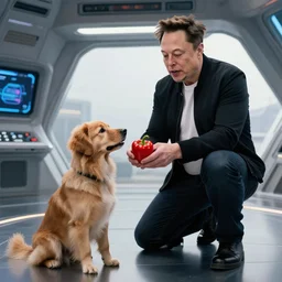 Elon Musk on a spaceship loves her dog next to her and gives her hot pepper, cinematic, very high quality, 8k