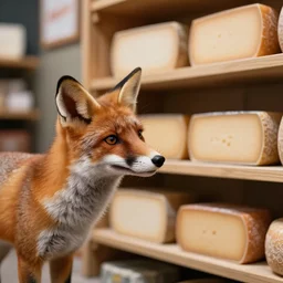 a silly 4k photograph of a fox looking at a shelf of cheese
