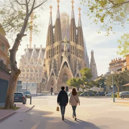 i walk in barcelona, spain. volumetric lighting, spring, early morning, overcast weather, realistic illustration, perfectly shaded, soft painting, art by krenz cushart and wenjun lin