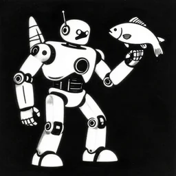 mech robot controlled by a fish, linocut, flat art, black and white