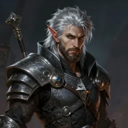 an epic fantastic realism comic book style portrait painting of an aasimar warlock, male, shaggy silver hair, short brown beard, d & d concept art, unreal 5, daz, petrol aesthetic, octane render, cosplay, rpg portrait, dynamic lighting