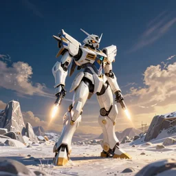 an armored core v by liam wong, booster flares, legs, laser rifles, karst landscape, dark blue sky, cloud, snow field, golden time, twilight ; wide shot, digital painting, photoreal, cinematic contrast, dynamic backlighting, sharp edge, motion blur
