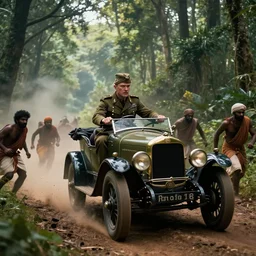 british army driving a car in 1921 in kerala forest road, tribe members attacking, action scene, an epic fantasy, dramatic lighting, cinematic, establishing shot, extremely high detail, photorealistic, cinematic lighting, artstation, by christopher nolan, horizon forbidden west