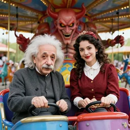 a colorful portrait photograph of albert einstein and her wife playing in a amusement park, with diabolical cursed creepy dolls, poppy playtime style, with crazy laughs and crazy eyes, taken by martin parr, saturated colour photo kodachrome