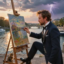 mcgregor is dressed as a gentleman at early 2 0 th century paris. he is watching an easel. that easel has a canvas on it. ewan mcgregor has a brush on his hand. he is painting a painting. there is a small brown cat with yellow eyes on ewan mcgregors feet. on background has river seine, morning sun, dark clouds, lightning, by claude monet x unreal