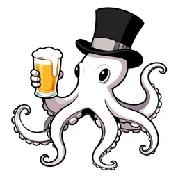 An octopus in a top hat holding a beer, high quality digital line art