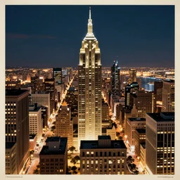 1920s art deco by Tito Corbella, a massive downtown cityscape by Wes Anderson lights up the night by James Gatsby, vintage postcard