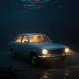 digital art - an old car underwater with warm light inside it dark cold atmoshperic by darek zabrocki and craig mullins, trending on artstation