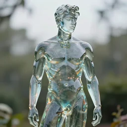a statue of a young fit man made of transparent glass, svarovsky, by philippe starck and victoria hagan, cinematic lighting, soft light, iridescent reflections, in front of a natural background, detailed digital photography by rutkovski and beksinski, masterpiece, gorgeous, 4 k
