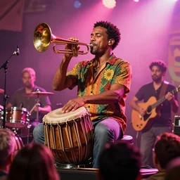 a beautiful reggae music concert, raw, brass instrument, singer, tabla, guitar, battery, view from the crowd, by james jean, by rossdraws, frank franzzeta, mcbess, pink scheme color