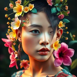 colourful vfx art - portrait of south east asian female with buzz cut hair wrapped in flowers & vines, art by hsiao - ron cheng & james jean - presented as magazine collage style, volumetric light, colourful, sharp, detailed, digital painting, illustration, magazine collage, highly detailed, intricate detail, unreal engine, octane render, pinterest, behance, art station