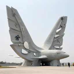 photo of minimalist cubist sculpture of curvy space wings with random small mecha mayan decorations, covered with few large white airplane parts, gigantic size with people visiting