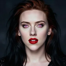portrait of a beautiful witch, Scarlet Johansson, pretty, pink eyes, bright white face, red lips, black hair, ultra realistic, hyperrealisme, HDR,