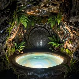 underground room, round glowing pool in the centre, earth walls with ferns, mosses, a round engraved door, damp, dark, gothic by rutkowski and brian froud and rien poortvliet