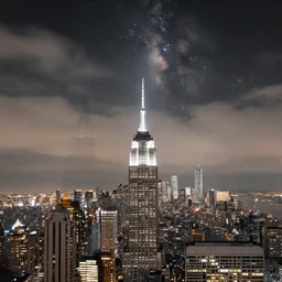 a beautiful double exposure of an award winning night time city photo from the top of a skyscraper, and an astronomy photo of the day, nebula, muted colours, cool tones, neutral colours, long exposure, clouds