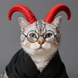 a cat wearing a black robe, round glasses, red goat horns, close up, 4k, detailed, professional photography