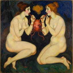 painting of gemini goddesses devouring cancer by tamara de lempicka