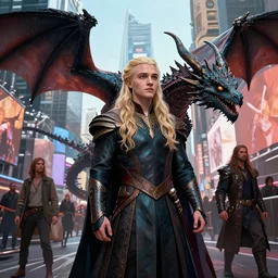 Daenarys Targareyn on a dragon in times square, intricate, highly detailed, smooth, artstation, digital illustration by Ruan Jia and Mandy Jurgens and Artgerm and Wayne Barlowe and Greg Rutkowski