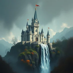 a painting of a castle with a waterfall in front of it. unreal engine 5, digital painting, vertical, intricate, beautiful, detailed, grunge, sharp focus, abstract art by kuvshinov and el lissitzky and artgerm and kandinsky, trending on artstation. gradient darker to bottom