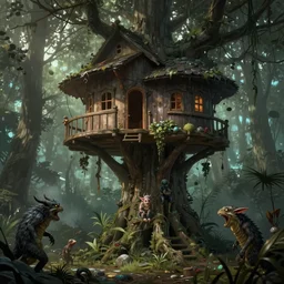 “a treehouse academy built in a brooding swamp, fantasy swamp creatures nearby, D&D, fantasy, intricate, cinematic lighting, highly detailed, digital painting, artstation, concept art, smooth, sharp focus, illustration, art by Artgerm and Greg Rutkowski and Alphonse Mucha”