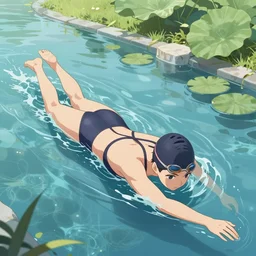 kagamine rin swimming in park, anime style, elegant, highly detailed, digital painting, artstation, concept art, smooth, sharp focus, illustration, art by artgerm and greg rutkowski and alphonse mucha n 9