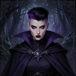 slightly symmetrical, close up portrait dark witch, adventurer outfit large cloak, fantasy forest landscape, dragon scales, fantasy magic, undercut hairstyle, short purple black fade hair, dark light night, intricate, elegant, sharp focus, illustration, highly detailed, digital painting, concept art, matte, art by wlop and artgerm and greg rutkowski and alphonse mucha, masterpiece