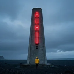a concrete tower on a icelandic beach, big red neon sign, a small character wearing a yellow hoodie standing in the front, cloudy day, blue hour, by edward hopper, cinematic, dramatic light concept art, matte painting, tranding on artstation, dystopia