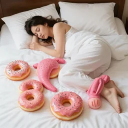 A woman sleeping on a bed made of doughnuts