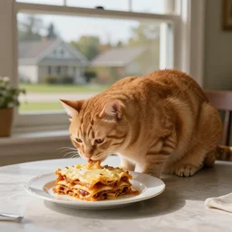fat orange tabby cat eating lasagna on a table, afternoon, renaissance, hudson river school, suburban neighborhood outside window