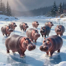 colorful hippos ice skating, digital art, artstation trending, digital painting
