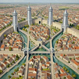 concept painting of medieval city with four aluminum towers rise from its walls flanking seven gates with spring operated drawbridges that span the moat whose water feeds four green canals which cross the city, dividing it into nine quarters, each with three hundred houses and seven hundred chimneys, urbanism