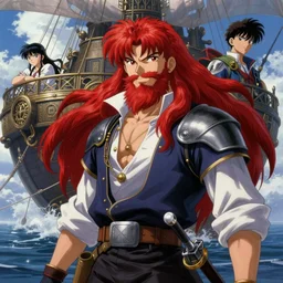 prompt : ragnarok online portrait soft light painted by james jean and katsuhiro otomo and erik jones, inspired by akira anime, epic fantasy, a long red haired, red bearded male sky - pirate smirking whilst standing in front of an airship, intricate oil painting, high detail illustration, sharp high detail, manga and anime 1 9 9 9