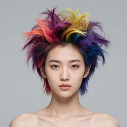 full portrait of a post modern hybrid fashion model with an exuberant post modern hair, colorful, photo realistic face, octane render, vray, detailed, halftoned, editorial illustration, matte print, grainy light, ( ( dither ) ), risograph, high contrast, screen print, grainy texture