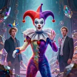 a cinematic shot of hyperdimensional jester, mark zuckerberg, mark zuckerberg, mark zuckerberg, quartz, colorful, octane render, volumetric lighting, nvidia raytracing demo, by Andy Thomas, Mario Martinez, Daniel Mirante, Gustave Dore, Artstation, CGsociety, masterpiece