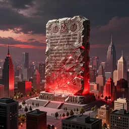 art by andrzej sykut, artstation, a huge broken stone tablet with red light stands in the center of a prosperous city, at the end of the world,