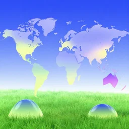 a world with shapes flying over a meadow with blue sky. slick, futuristic design. colorful soft gradients, translucence. pre - 2 0 0 0 s era. 9 0's computer art, early computer graphics