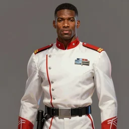 portrait of a man by greg rutkowski, afroamerican, short black hair, tall and muscular, attractive, he is about 2 0 years old, wearing the white and red officer uniform of the galactic triunvirate, star wars expanded universe, highly detailed portrait, digital painting, artstation, concept art, smooth, sharp foccus ilustration, artstation hq