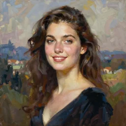 a portrait painting of angela sarafyan, hybrid oil painting, gentle expression, smiling, elegant clothing, scenic background, behance hd, by jeremy pitkin, alphonse mucha, greg rutkowski, tim hildebrandt, boris vallejo, artgerm
