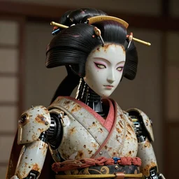 A slightly rusty, beaten up Japanese robotic geisha, dramatic lighting, hyper-realistic, ultra-realistic, intricate details, 4k, digital art