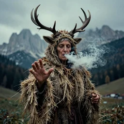 1 9 2 0 s spirit portrait photography of an old female farmer turning into a krampus ghost with hay cloth and antlers in the dolomites, smoke smoking from mouth, casting a root spell, inviting hand, witchy, wicca, by william hope, dark, eerie, grainy