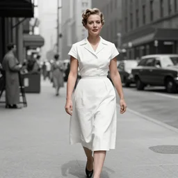 1940s photo of drake walking 5th Avenue in a dress