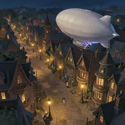 makoto shinkai, artgerm, ilya kuvshinov, overhead shot, steampunk full town, blimp overhead, night, victorian buildings in town, detailed, evening, gas lamps, overhead shot, cinematic lighting, gas lamps, blimp