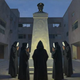 fine illustration of five hooded disciples in masks praying to a fascist monument in a brutalist courtyard, lit from below, twilight, lowbrow surrealism, PJ Crook, Edward Hopper oil on canvas