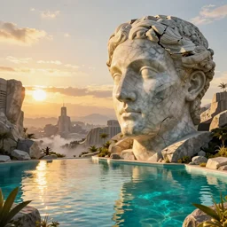 Esao Andrews, scifi landscape, hyperrealistic surrealism, award winning masterpiece with incredible details, epic stunning, infinity pool, a surreal vaporwave liminal space, highly detailed, trending on ArtStation, broken giant marble head statue ruins, golden hour