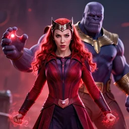human scarlet witch killing thanos with her red magic, hyper realistic